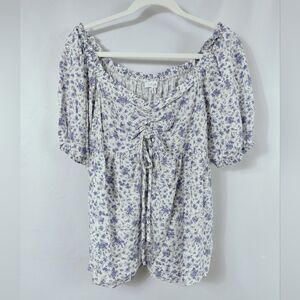 Calista Blue Floral Ruched Tie Front Puff Short Sleeve Peasant Blouse, Sz S